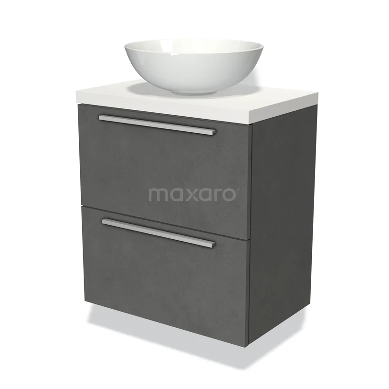 Modulo Plato Slim Vanity units for countertop basin | 60 cm Dark grey concrete Flat front Matte white worktop 2 Stacked drawers BMK37-00692