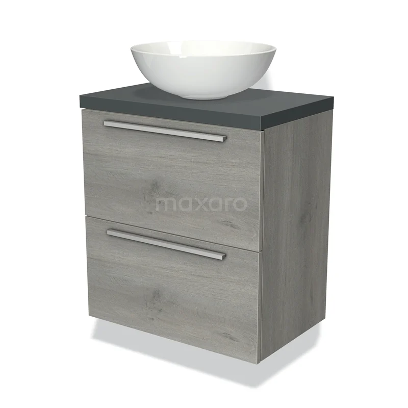 Grijs houten badkamermeubel met twee lades, zwart blad en witte keramische komvormige wastafel, ideaal voor moderne badkamers.