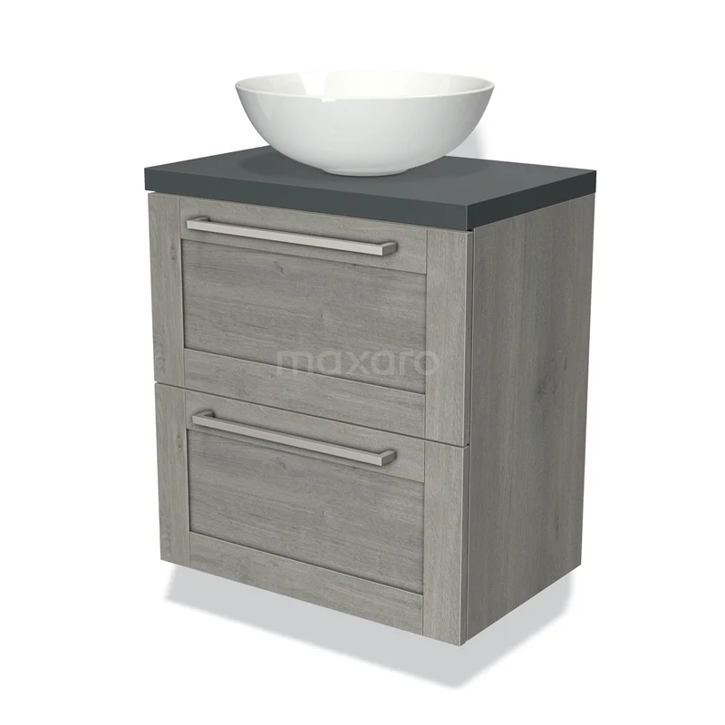 Grijs eiken badkamermeubel met zwarte bovenplaat, twee lades en een witte ronde wastafel; modern design voor elke badkamer.