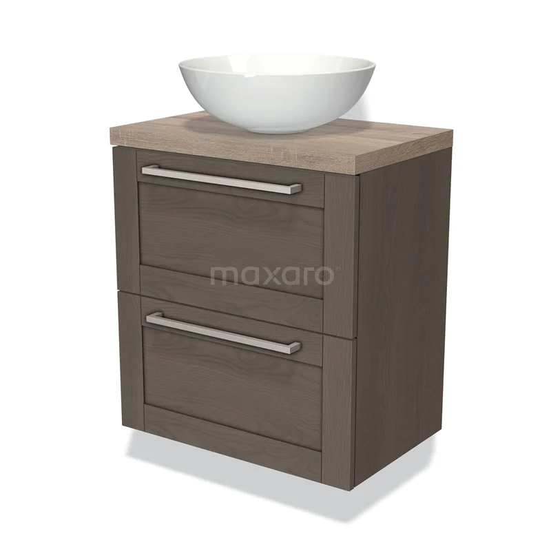 Wastafelmeubel met houtlook, twee lades en witte ronde waskom – ideaal voor een moderne badkamer inrichting.