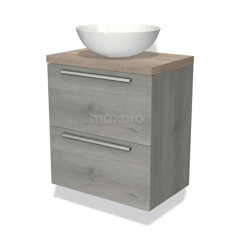 Houten badkamermeubel met moderne waskom, twee lades en zilverkleurige handgrepen, ideaal voor een stijlvolle badkamer.