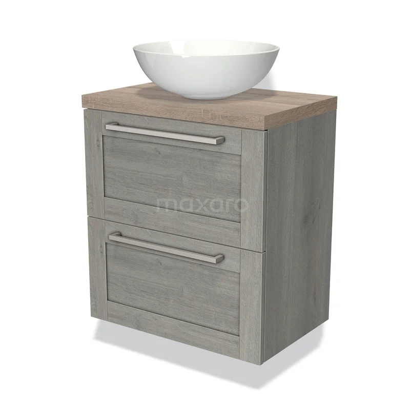 Grijze houten wastafelmeubel met twee lades, naturel houtblad en witte komvormige wasbak; moderne badkamerstijl.