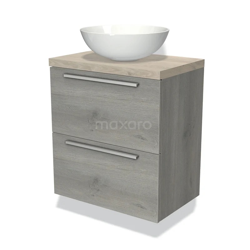 Grijze houten badkamermeubelset met witte waskom, modern ontwerp en metalen handgrepen, perfect voor een stijlvolle badkamer.