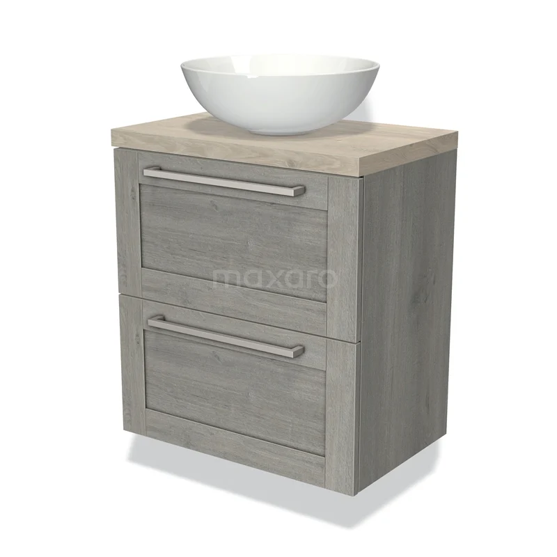 Grijze houten badkamermeubel met twee lades en een witte keramische waskom, modern design geschikt voor elke badkamerstijl.