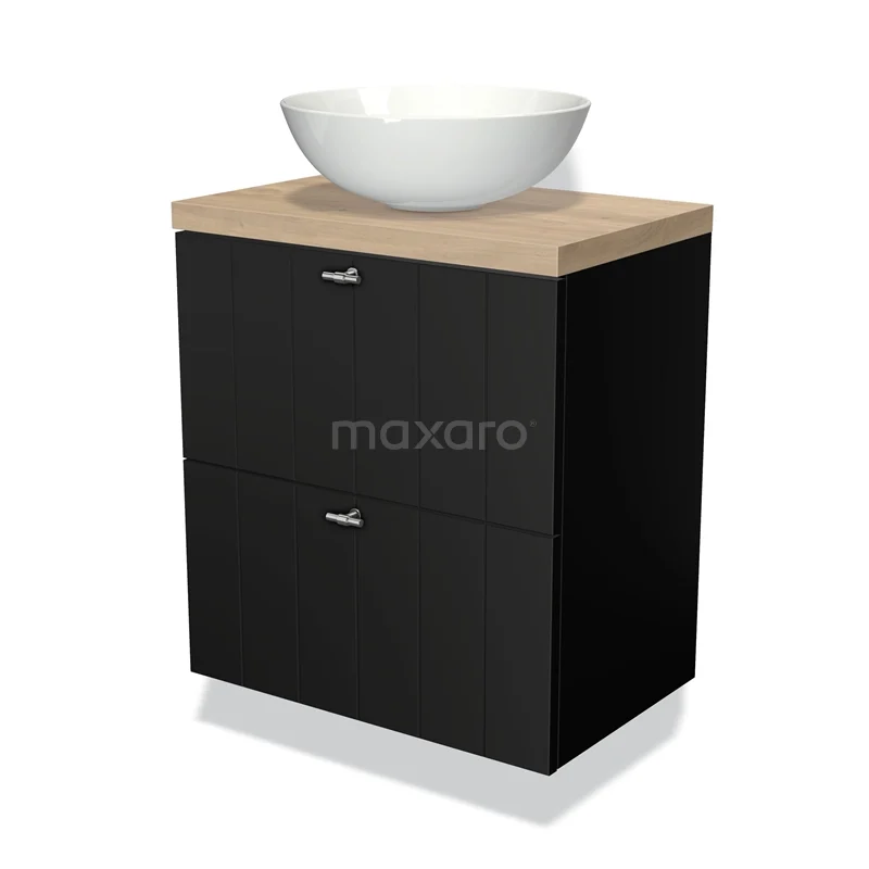 Modulo Plato Slim Badmöbel mit Aufsatzwaschbecken | 60 cm Matt Schwarz Lamelle front Hellbraune Eiche blatt 2 übereinanderliegende Schubladen BMK37-00812 Schwarzes Badmöbel mit Holzplatte und weißem Aufsatzwaschbecken, modernes Design, geeignet für schlichte und stilvolle Bäder.