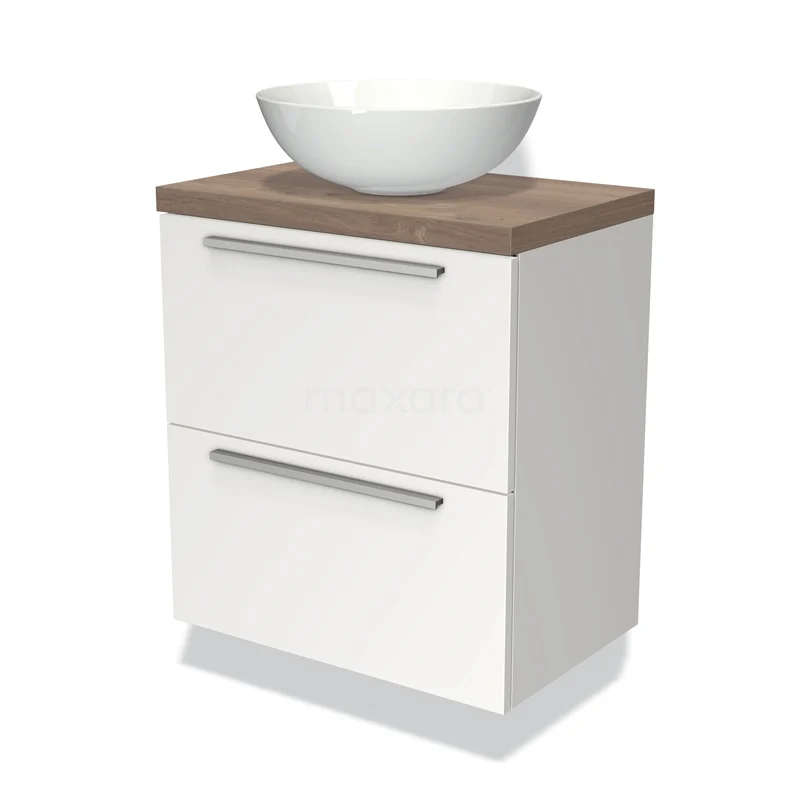 Wit badkamermeubel met houten blad en keramische opzetwaskom, twee lades met zilveren handgrepen, modern design.