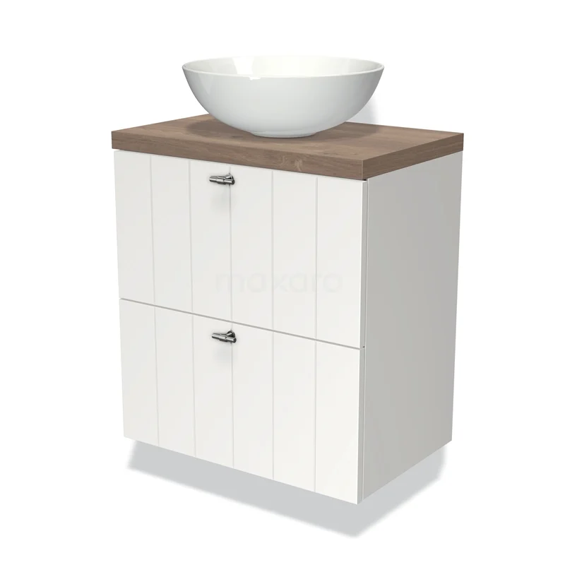 Wit badkamermeubel met houtlook blad en ronde wastafel; ideaal badkamerdesign met opberglades.