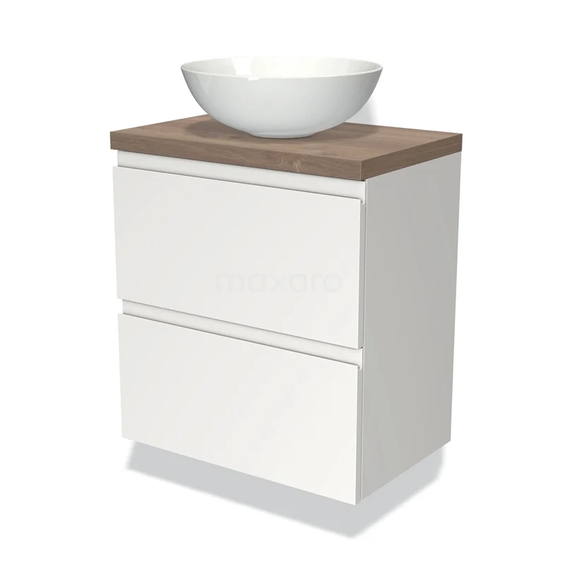 Wit badkamermeubel met twee lades, houten blad en ronde wastafel. Perfect voor een moderne badkamer.