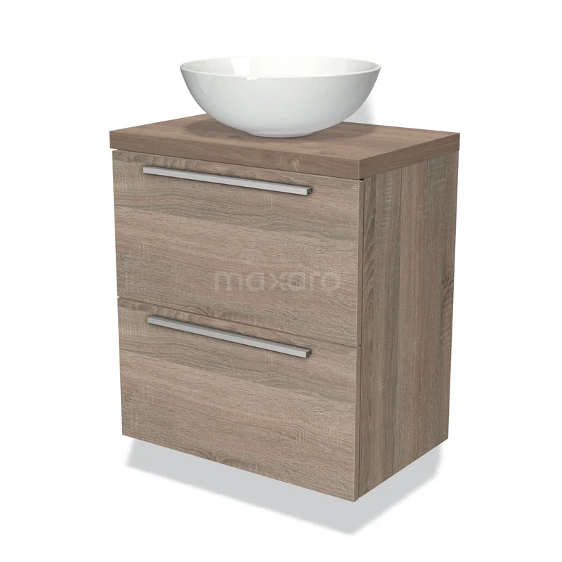 Badmöbel mit Konsole 60cm Modulo Plato Slim Eiche 2 Schubladen Flach BMK37-00859 Holz-Badezimmermöbel mit Naturlook, weißem keramischen Aufsatzwaschbecken und zwei Schubladen mit metallischen Griffen für ein modernes Badezimmer.