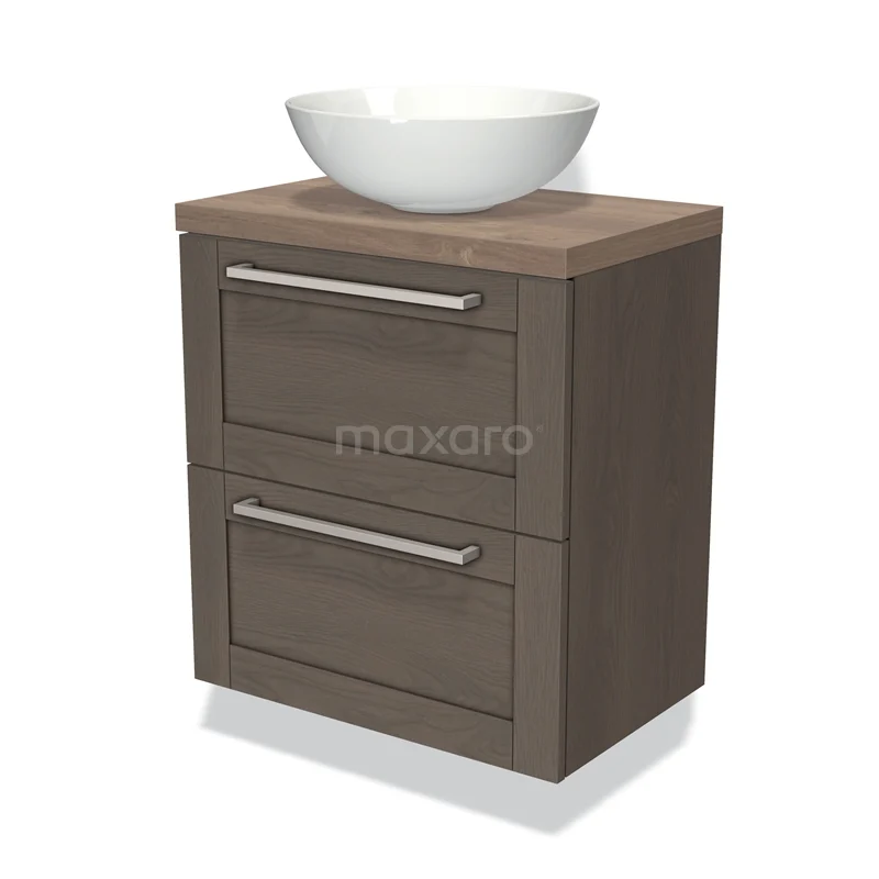 Houten badkamermeubel met twee lades en keramische waskom, modern design voor stijlvolle badkamers.