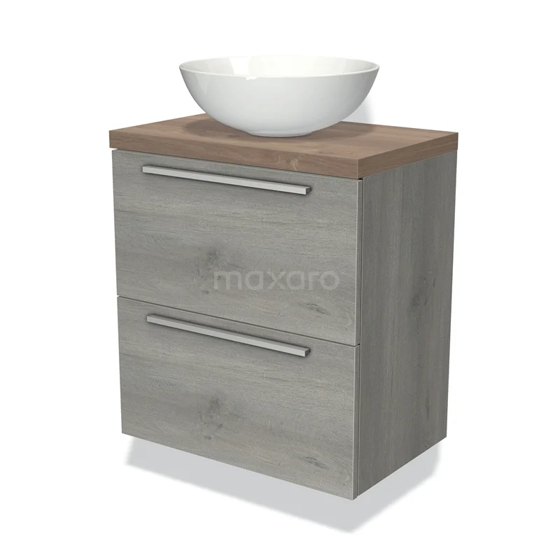 Houten badkamermeubel met twee lades, grijs eiken look, incl. witte keramische waskom; modern en stijlvol design.