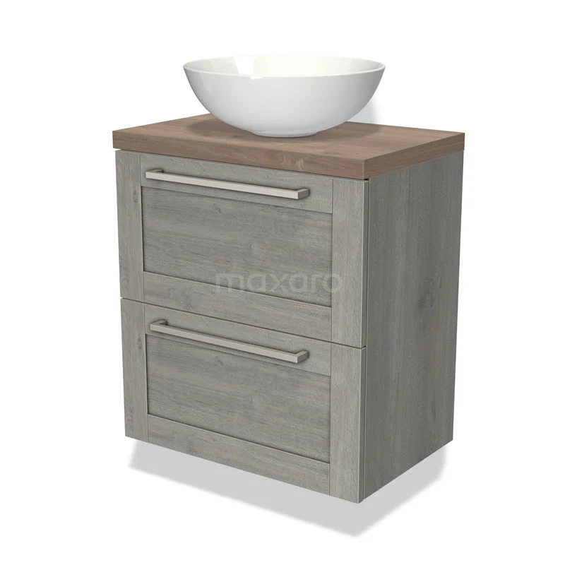 Grijs houten badkamermeubel met twee lades, houtlook blad en witte opzetwastafel, perfect voor moderne badkamers.