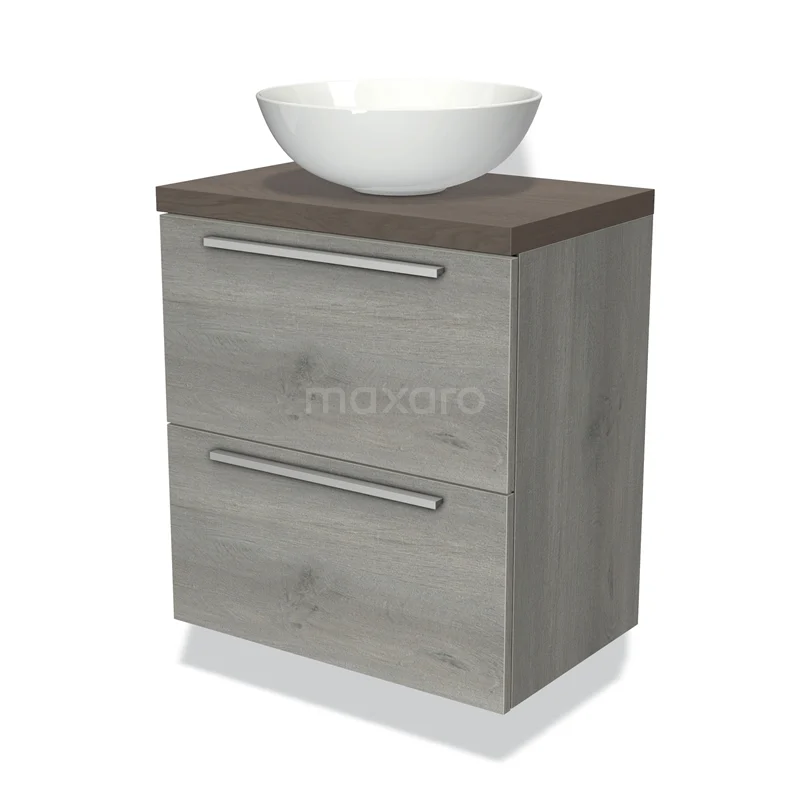 Grijze houten badkamermeubel met twee lades, wit keramische waskom en een donkerbruin blad, modern design.