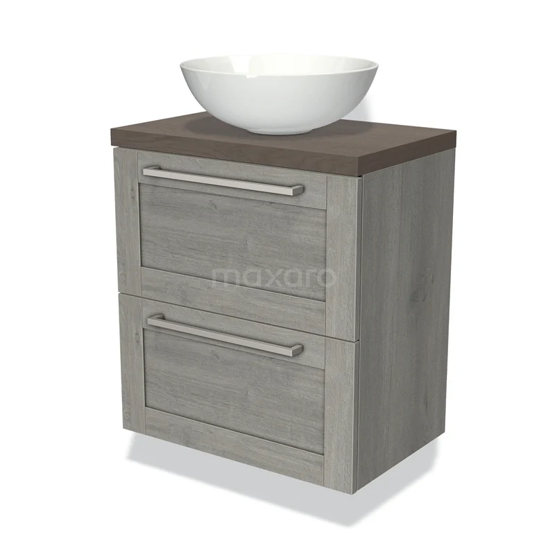 Grijze houten badkamerkast met twee lades en een witte opbouwwaskom, ideaal voor een moderne badkamerstijl.