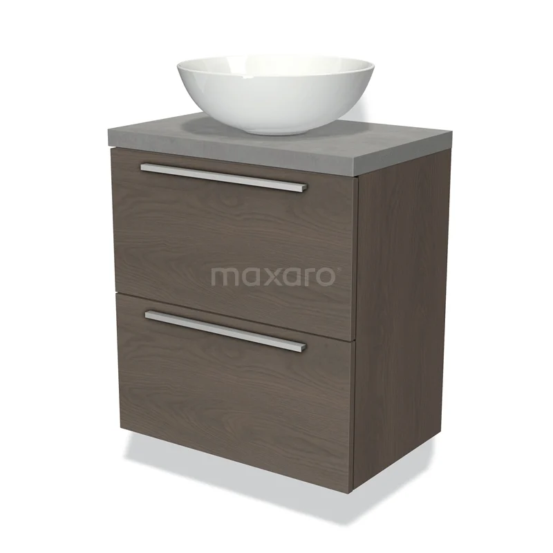 Houten badkamermeubel met grijze bovenkant, twee lades en witte waskom. Eigentijds ontwerp, ideaal voor moderne badkamers.