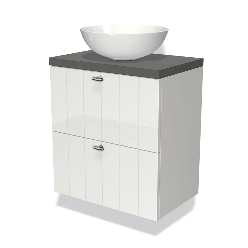 Wit badkamermeubel met grijze bovenblad en ovale waskom, moderne uitstraling, ideaal voor compacte badkamers.