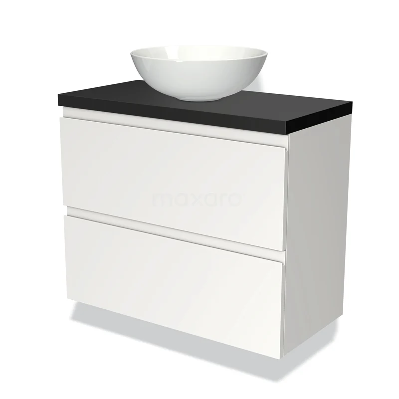 Witte badkamermeubel met zwarte bovenblad en ronde waskom, modern design, ideaal voor een stijlvolle badkamer inrichting.