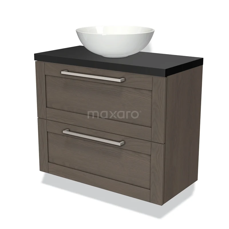 Houten wastafelmeubel met zwarte top en witte waskom, modern design, ideaal voor een stijlvolle badkamerinrichting.