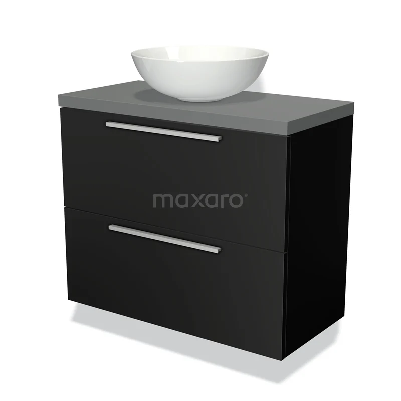 Badmöbel mit Konsole 80cm Modulo Plato Slim Matt Schwarz 2 Schubladen Flach BMK37-01022 Schwarzer Badschrank mit zwei Schubladen, grauer Platte und weißem runden Aufsatzwaschbecken; modernes Design, ideal für ein stilvolles Badezimmer-Set.