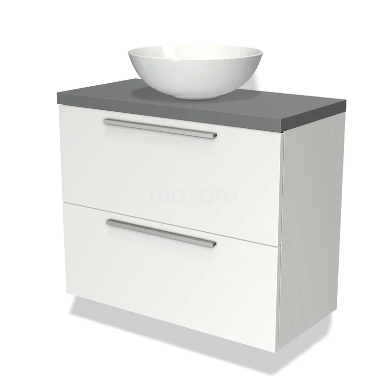 Wit badkamermeubel met grijs blad, twee lades en een ronde wastafel; modern design voor een stijlvolle badkamer.