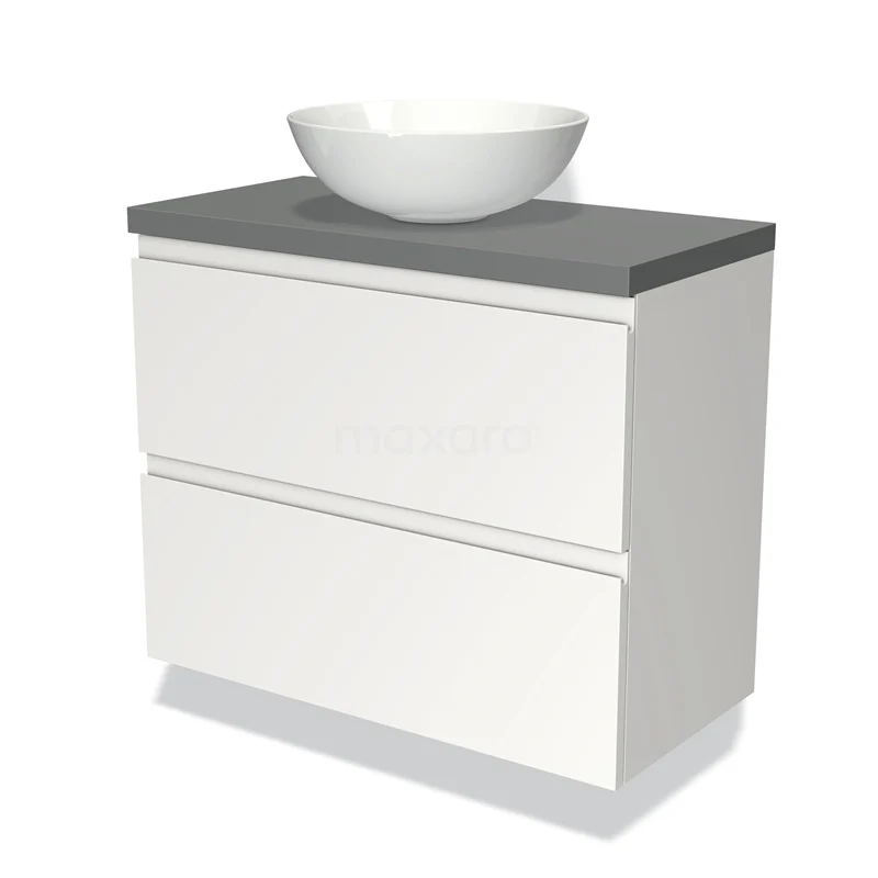 Wit badkamermeubel met grijze bovenblad en ronde wastafel, moderne uitstraling en opbergruimte in een strak design.