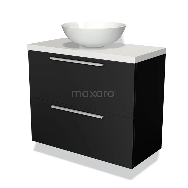 Black bathroom unit with white top, built-in vanity units with basin, ceramic design and two drawer handles for modern bathrooms.