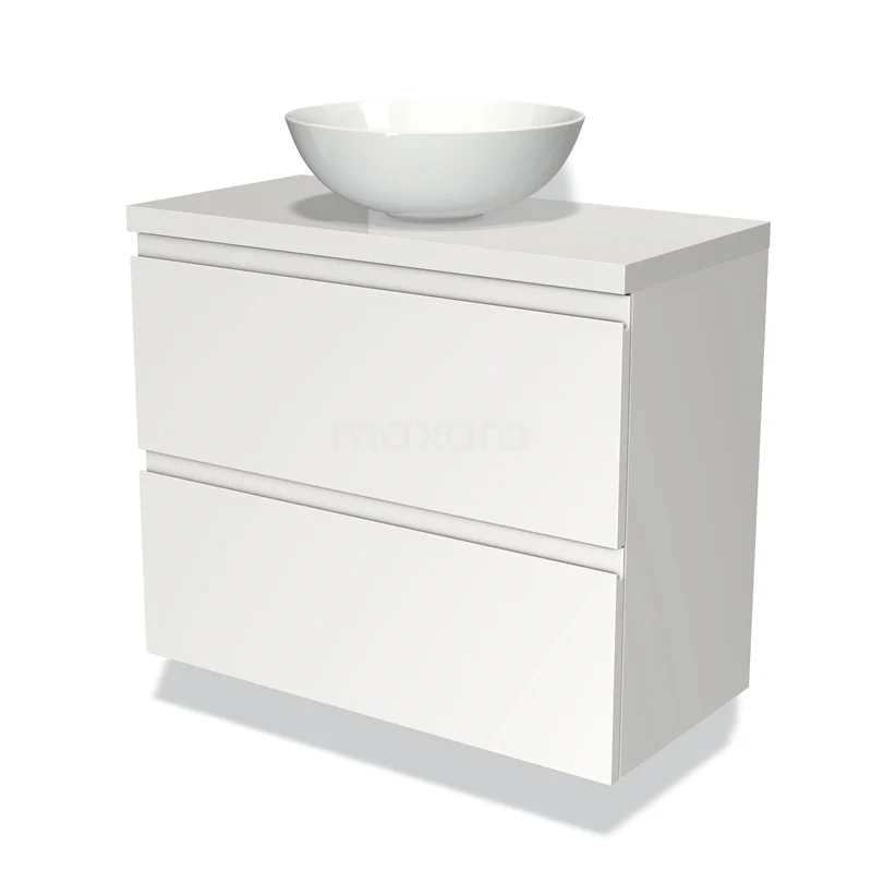 Wit badkamermeubel met ronde waskom, modern design en soft-close lades, ideaal voor een strakke badkamerinrichting.