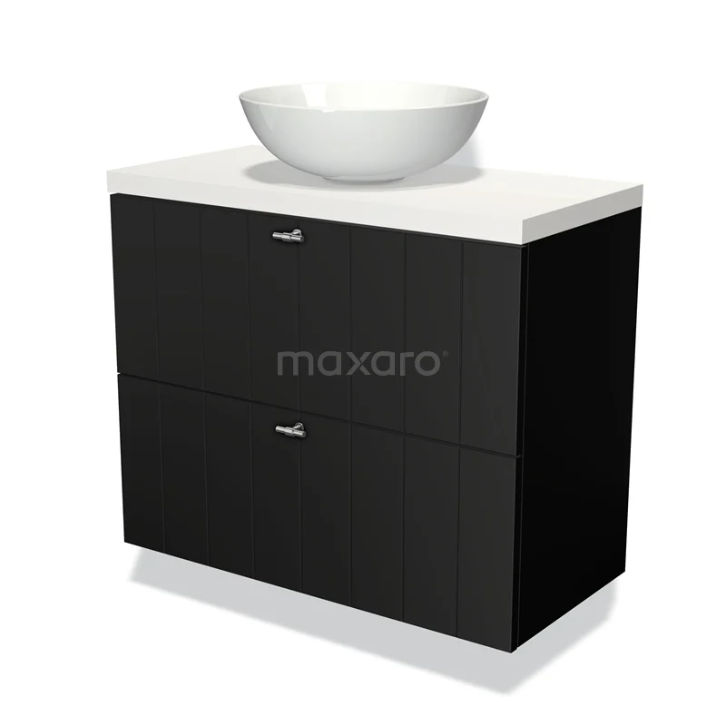 Modulo Plato Slim Vanity units for countertop basin | 80 cm Matte black Slat front Matte white worktop 2 Stacked drawers BMK37-01081