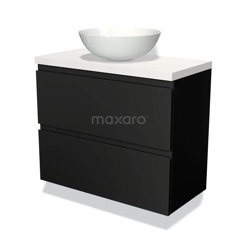 Modulo Plato Slim Vanity units for countertop basin | 80 cm Matte black Handle-less front Matte white worktop 2 Stacked drawers BMK37-01082