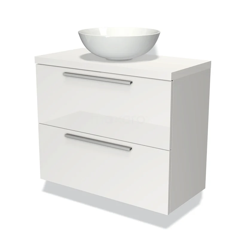 Waschtischunterschrank mit Konsole 80cm Modulo Plato Slim Hochglanz Weiß 2 Schubladen Flach BMK37-01086 Weißes Badezimmermöbel mit keramischer Schüssel, minimalistisches Design und praktischen Schubladen, ideal für moderne Bäder.