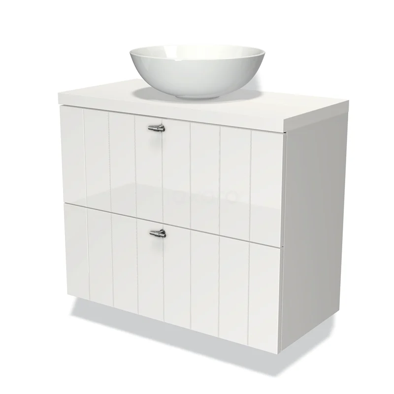 Waschtischunterschrank mit Konsole 80cm Modulo Plato Slim Hochglanz Weiß 2 Schubladen Laminat BMK37-01087 Weiß glänzendes Badmöbel mit rundem Aufsatzwaschbecken, zwei Schubladen und chromfarbenen Haltegriffen, ideal für einen modernen Badezimmerstil.