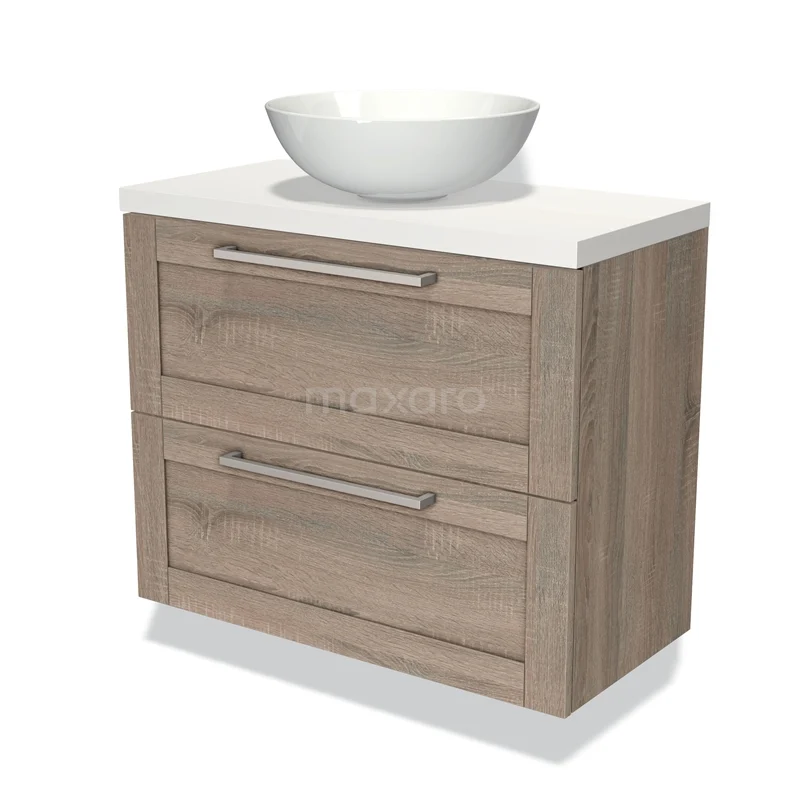 Modulo Plato Slim Vanity units for countertop basin | 80 cm Oak Frame front Matte white worktop 2 Stacked drawers BMK37-01096