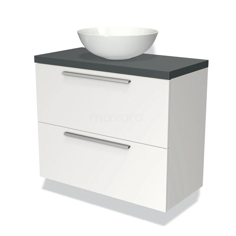 Wit badkamermeubel met grijs blad, keramische waskom en twee lades, modern design voor een stijlvolle badkamer inrichting.
