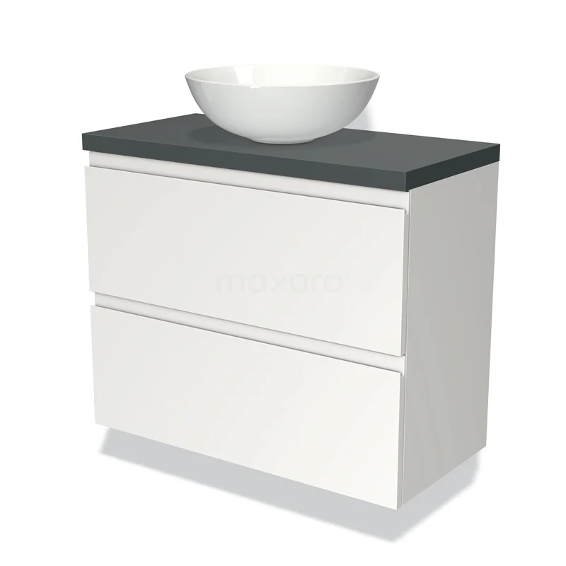 Wit badkamermeubel met 2 lades, zwarte steenlook wastafelblad en witte opbouwkom voor een moderne en stijlvolle badkamerinrichting.