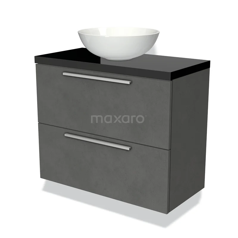 Grijze badkamerkast met zwarte bovenblad en witte waskom, modern design met twee lades voor praktische opbergruimte.