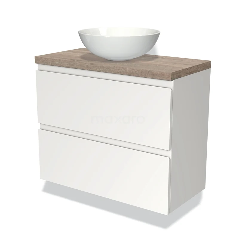 Waschtischunterschrank mit Konsole 80cm Modulo Plato Slim Matt Weiß 2 Schubladen Grifflos BMK37-01178 Weißes Badezimmermöbel mit Holzlook Platte und rundem Aufsatzwaschbecken, perfekt für moderne Badezimmereinrichtungen.