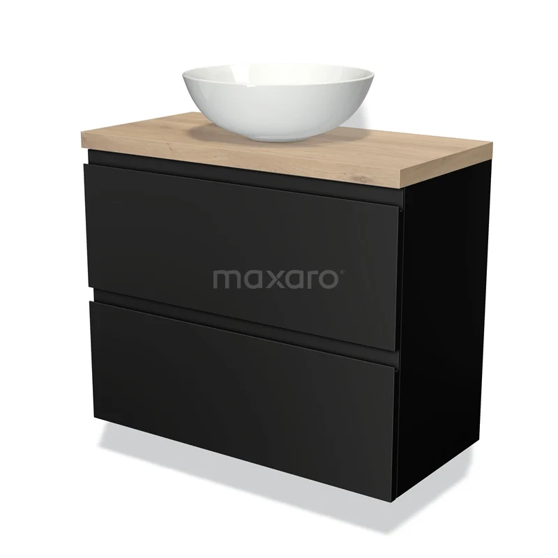 Zwarte badkamerkast met houtlook blad en witte opzetwastafel, moderne stijl, ideaal voor een stijlvolle badkamerinrichting.