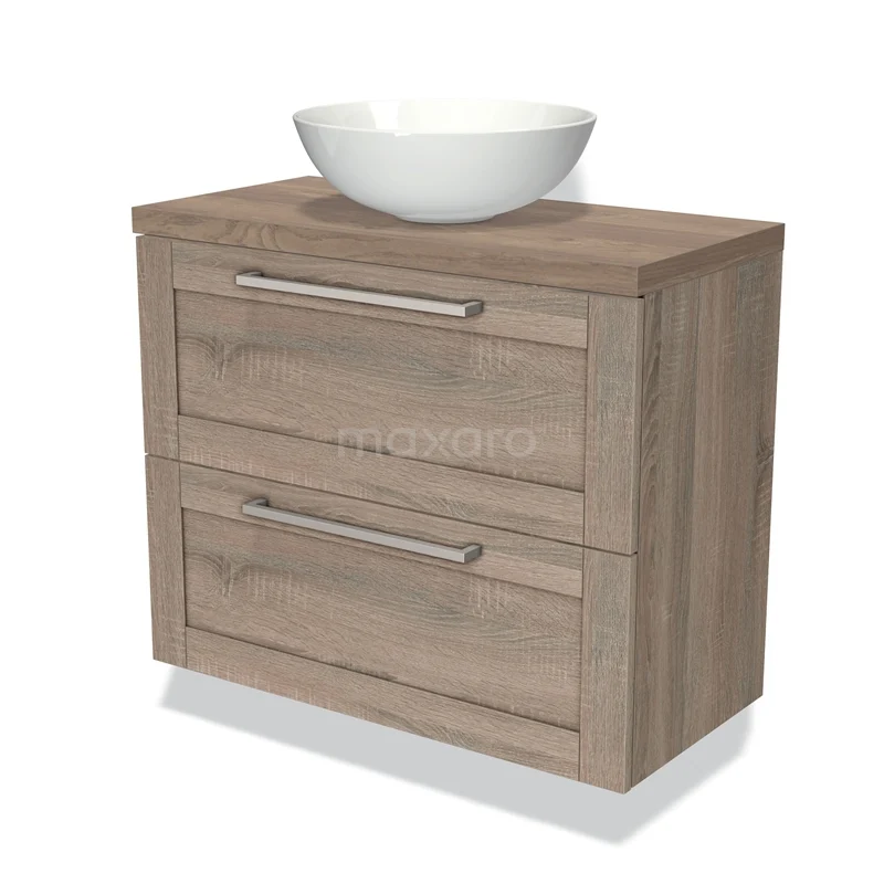 Wooden bathroom unit with two drawers and white bowl-shaped sink, modern design; ideal for stylish bathrooms.