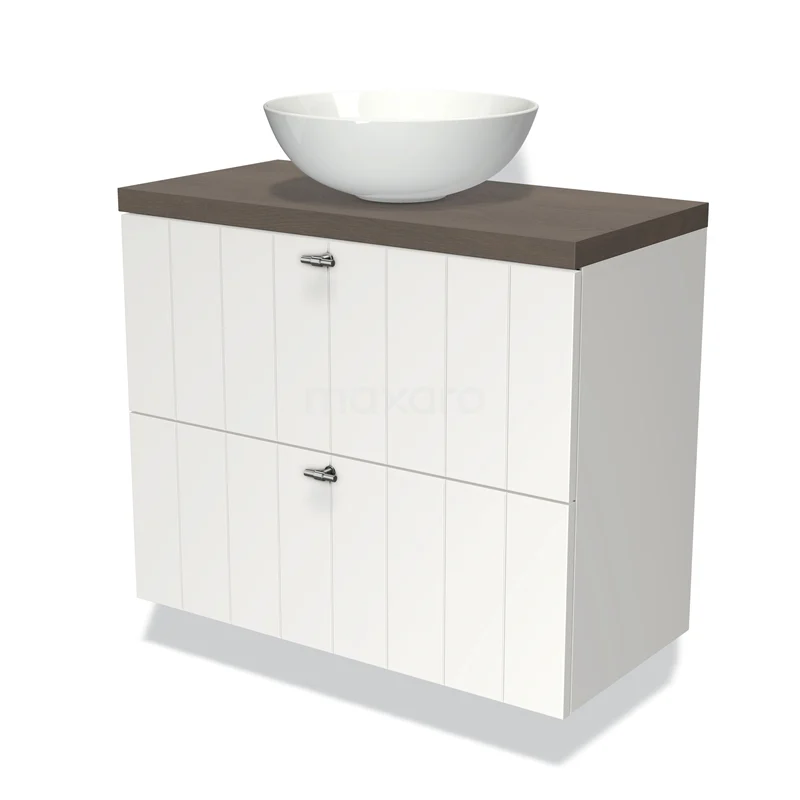 Badmöbel mit Konsole 80cm Modulo Plato Slim Matt Weiß 2 Schubladen Laminat BMK37-01297 Weißes Badezimmermöbel mit Holzlook Platte und rundem Waschbecken, zwei Schubladen mit Griffen, ideal für moderne Badezimmerlagerung.