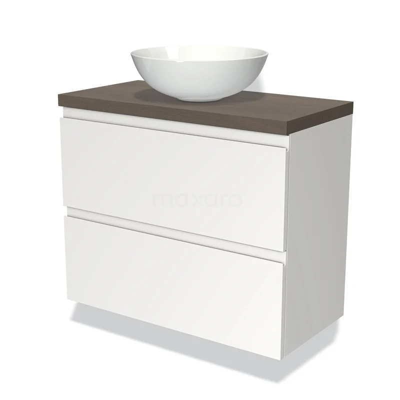 Waschtischunterschrank mit Konsole 80cm Modulo Plato Slim Matt Weiß 2 Schubladen Grifflos BMK37-01298 Weißes Badezimmermöbel mit Holzlook Platte und rundem keramischen Aufsatzwaschbecken, minimalistisches Design und zwei Schubladen.