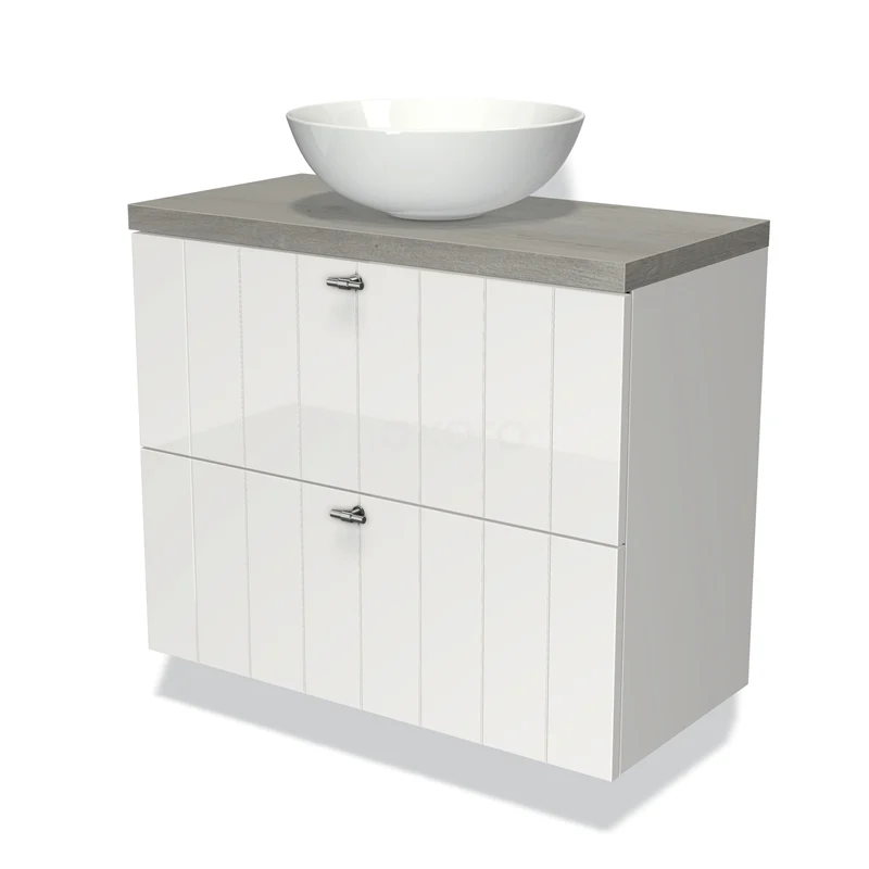 Waschtischunterschrank mit Konsole 80cm Modulo Plato Slim Hochglanz Weiß 2 Schubladen Laminat BMK37-01324 Weißes Badezimmermöbel mit Hochglanzoberfläche, graue Holzplatte und rundem Aufsatzwaschbecken, modernes Design für stilvolle Bäder.