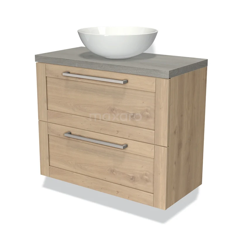 Wooden bathroom unit with grey worktop, two drawers and a modern, white round countertop wash basin; stylish and functional.