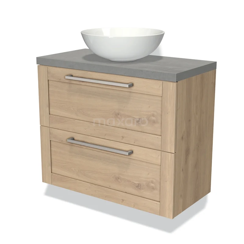 Houten badkamermeubel met grijs blad, twee lades en een witte opbouw wastafel; strak design en praktische opbergruimte.