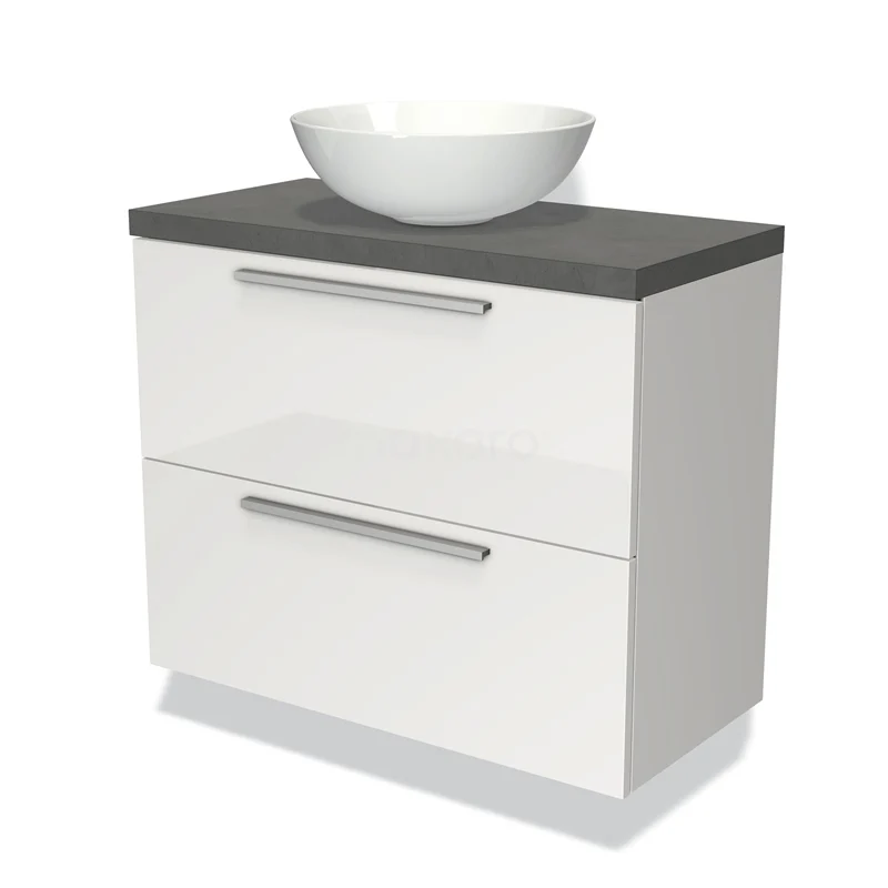 Waschtischunterschrank mit Konsole 80cm Modulo Plato Slim Hochglanz Weiß 2 Schubladen Flach BMK37-01384 Weiß glänzendes Badmöbel mit grauem Steingranitplatte und rundem Aufsatzwaschbecken, modernes Design, ideal für ein stilvolles Badezimmer.