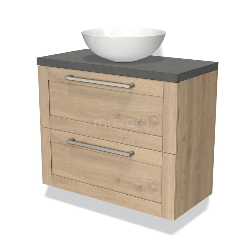 Houten badkamermeubel met twee lades, grijs wastafelblad en witte komvormige wasbak, modern en stijlvol ontwerp.