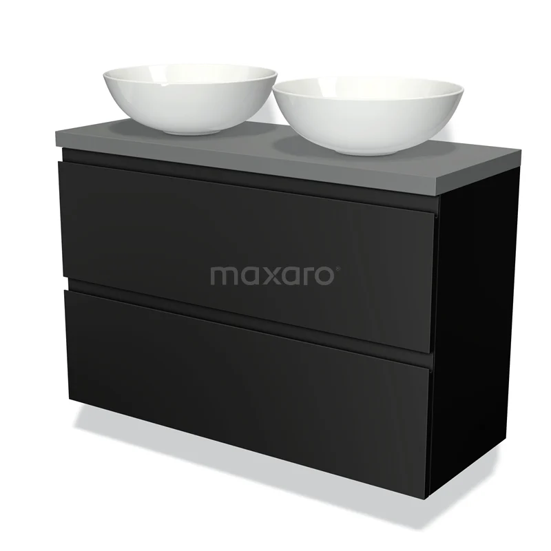 Zwart badkamermeubel met twee witte waskommen, betonlook blad en softclose lades voor een moderne en stijlvolle badkamer.