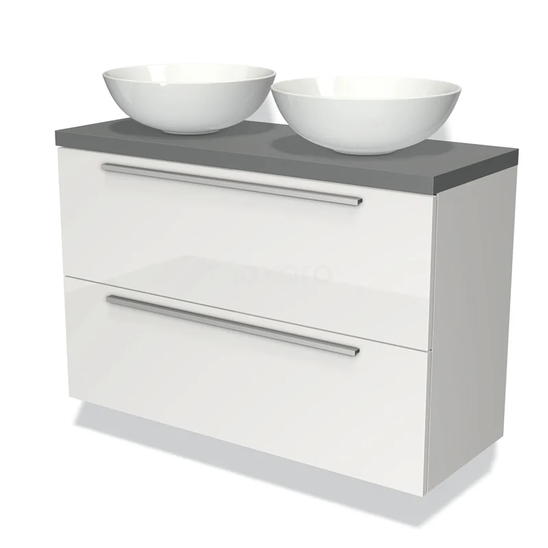 Wit badkamermeubel met dubbel wastafelblad, grijze top en twee grote lades; modern design van hoogglans materiaal.