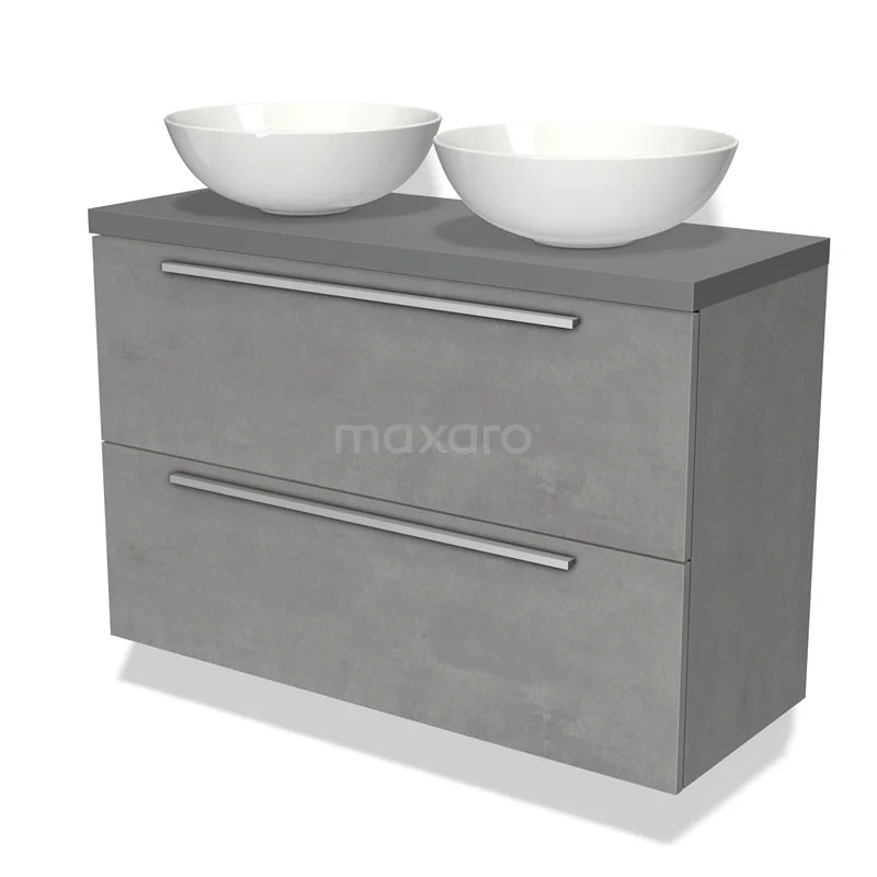 Grijze badkamermeubelset met twee witte waskommen, modern ontwerp met betonlook en metalen handgrepen.