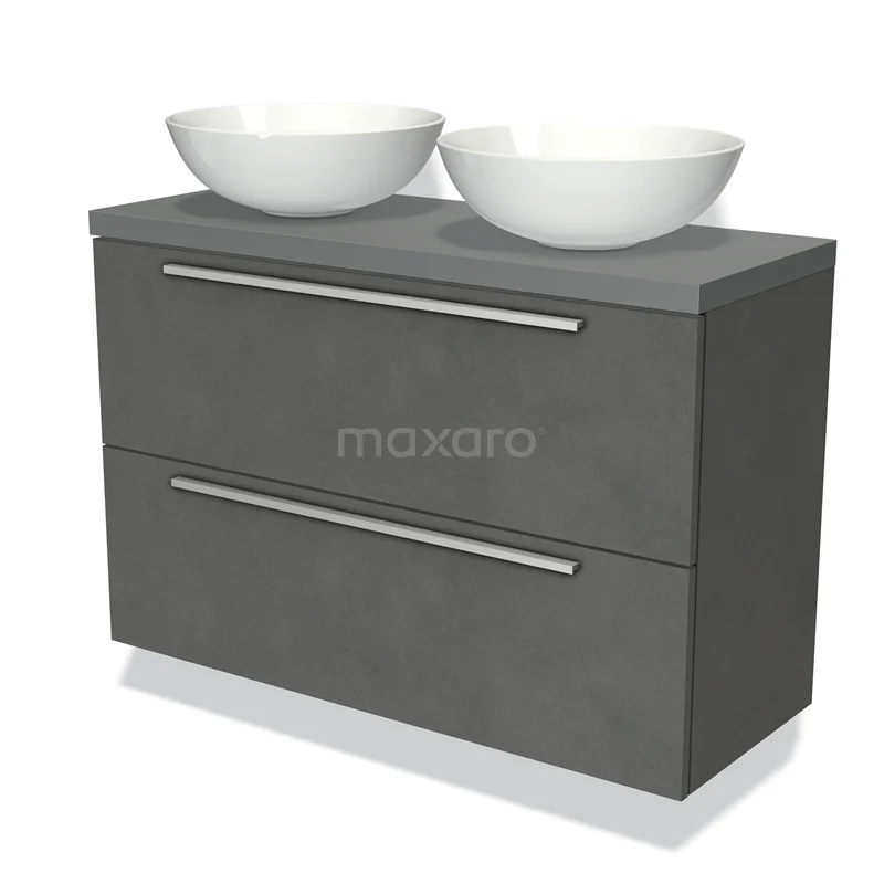 Grijze badkamermeubel met 2 witte opzetwastafels, moderne look, betonlook afwerking, ideaal voor stijlvolle badkamers.