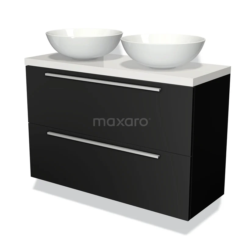 Zwarte badkamermeubelset met dubbele witte waskommen, eigentijds design en chromen grepen, ideaal voor een stijlvolle badkamer.